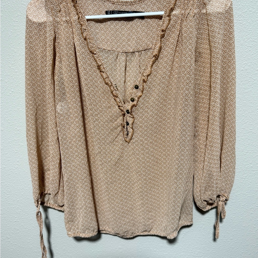 Zara Beige/Tan Printed Ruffle V-Neck Blouse